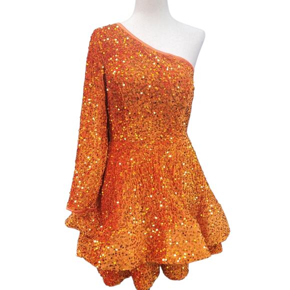 NWT Orange Asymmetric One Long Sleeve Short Sequin Dress - Picture 1 of 11